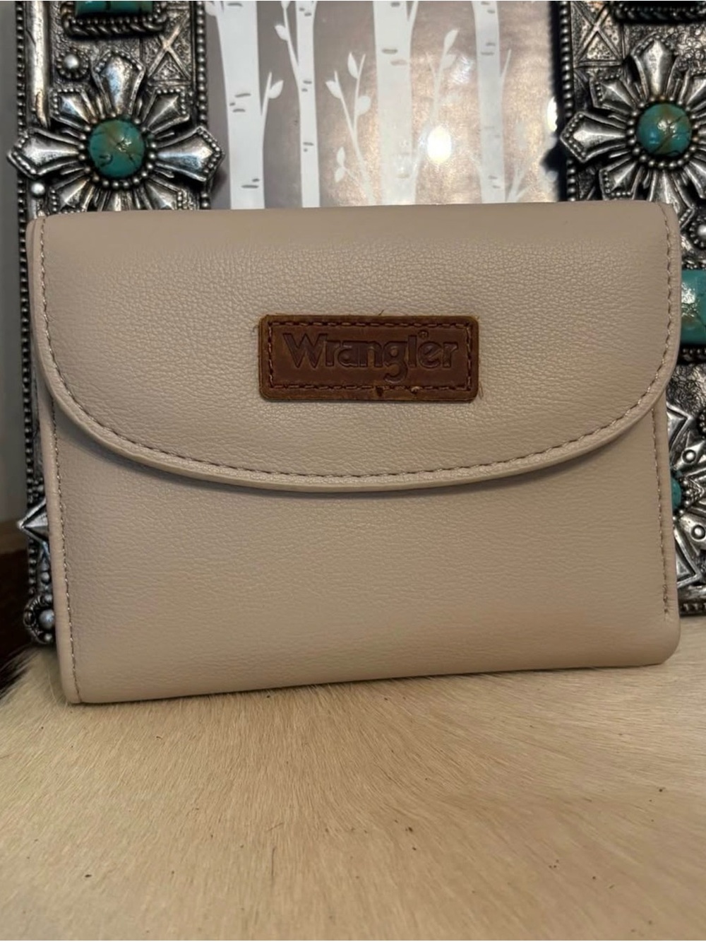 Wrangler Beige Faux Leather Wallet with Brown Logo Patch